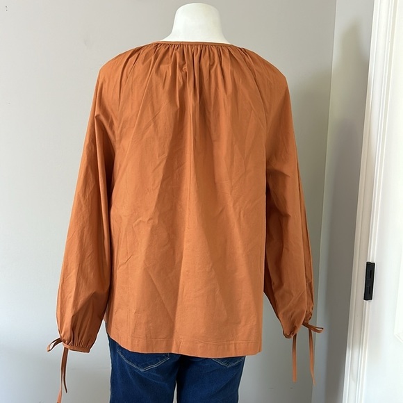 J Crew Tie sleeve button front cotton poplin top Orange Fall Relaxed Sz M NEW - Picture 6 of 13